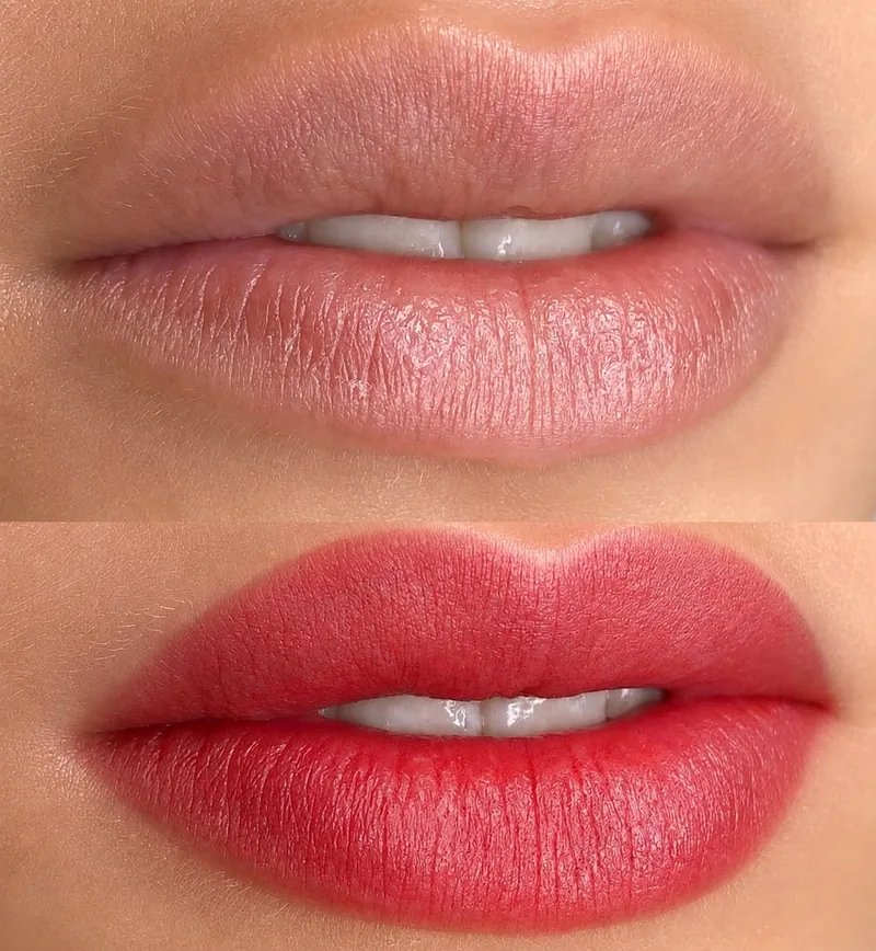 Antes e depois de micropigmentação labial com cor intensa e uniforme.
