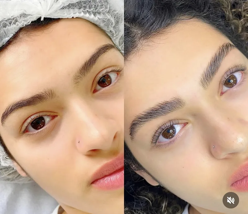 Antes e depois de sobrancelhas e cílios com resultado natural.