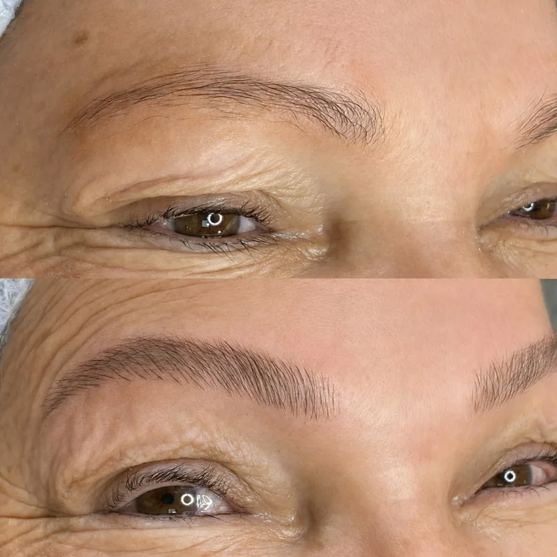 Antes e depois de sobrancelhas com fios sob medida em pele madura.